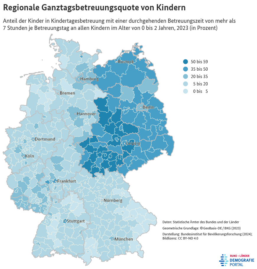 Karte zum Anteil der Kinder unter 3 Jahren in ganztägiger Kindertagesbetreuung nach Kreisen in Deutschland im Jahr 2023